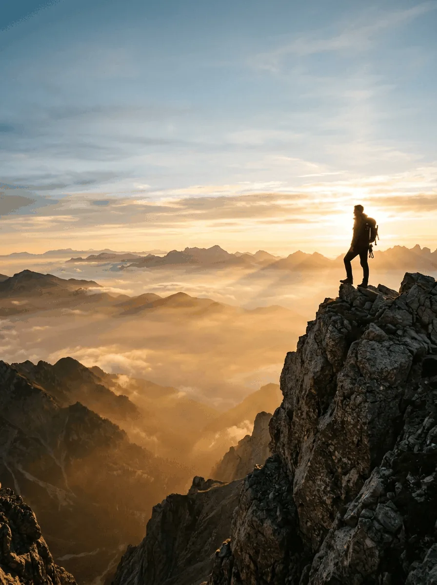CapitalKnob Vision – Reaching New Heights Person standing on a mountain peak looking at sunrise